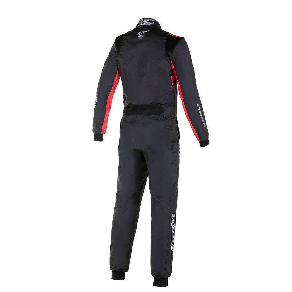 Black and red racing suit with visible branding on a white background