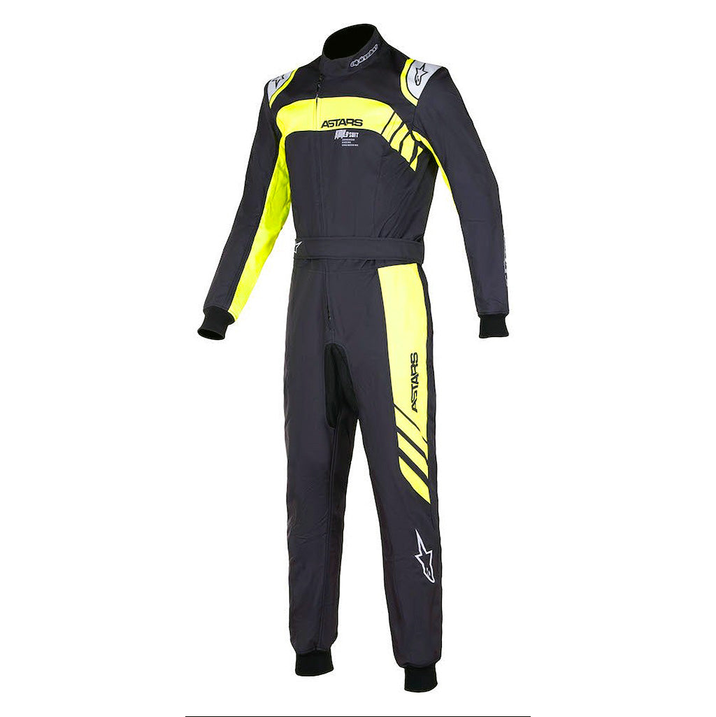 Black and yellow racing suit with visible branding on a white background