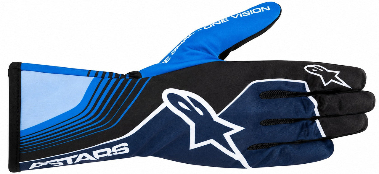 Alpinestars Tech-1 K Race v2 Future karting gloves in black, blue, and white facing right on a white background