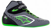 Thumbnail for A high-top Alpinestars racing boot in gray and black with bright neon green accents, laces, and trim, shown from a side profile on a white background.