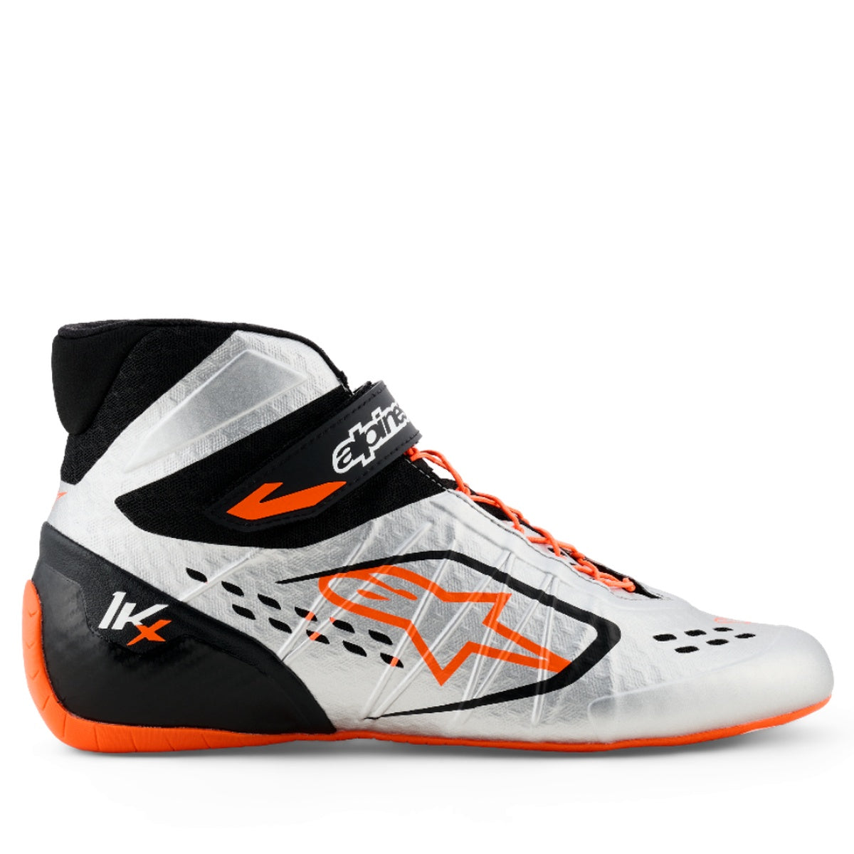 White high-top sneaker with black and orange accents on a white background