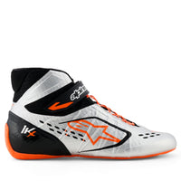 Thumbnail for White high-top sneaker with black and orange accents on a white background