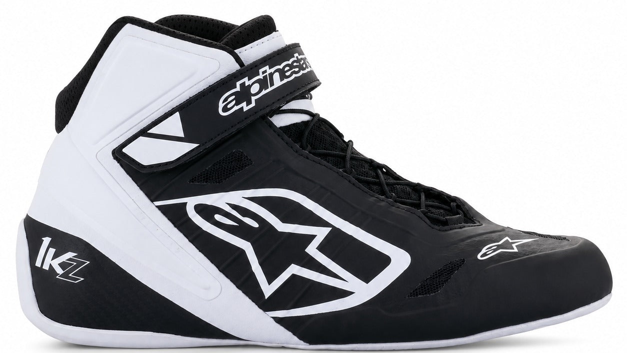 Alpinestars Tech-1 KZ kart racing shoe in black and white facing right on a white background