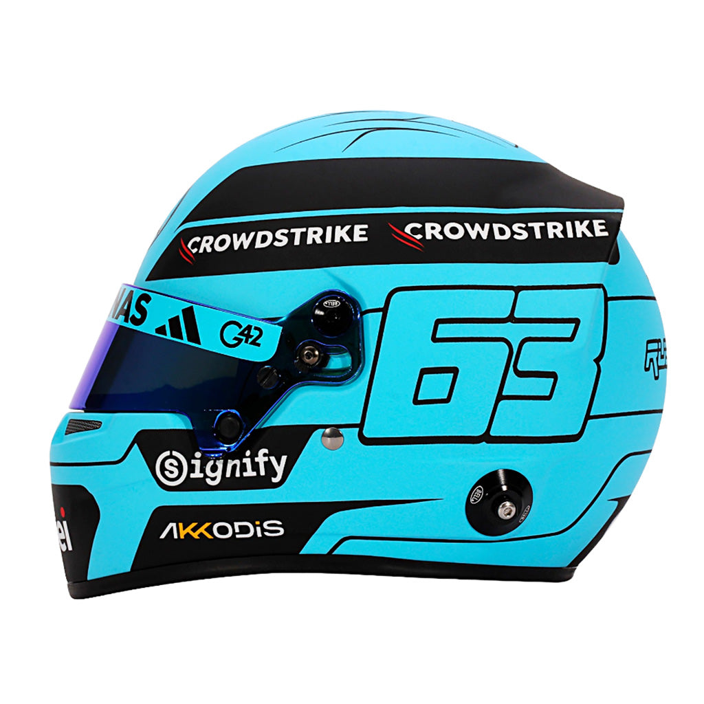 Side view of George Russell mini-helmet replica from Bell Racing Helmets