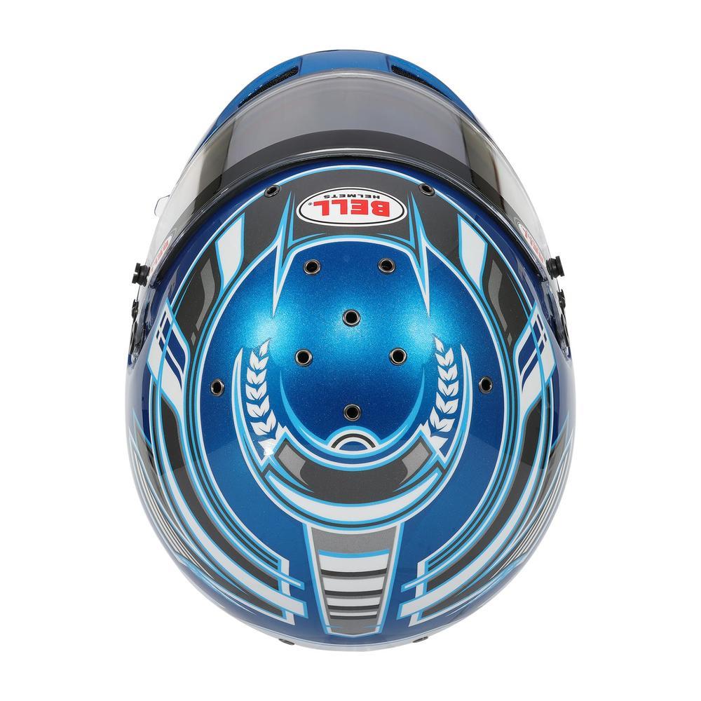 Bell KC7 CMR Champion Pro Series karting helmet top view showing ventilation channels and graphic layout
