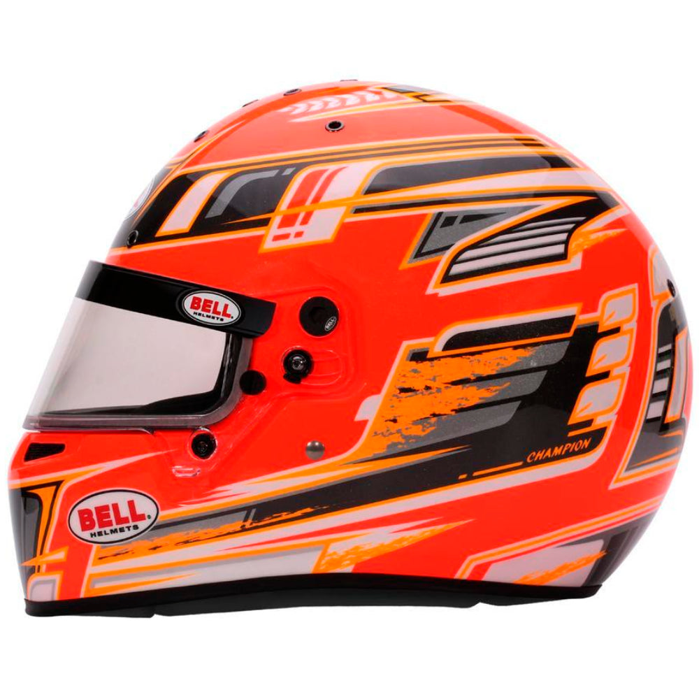 Bell KC7 CMR Champion Pro Series karting helmet orange left side profile showing aerodynamic shell and graphics