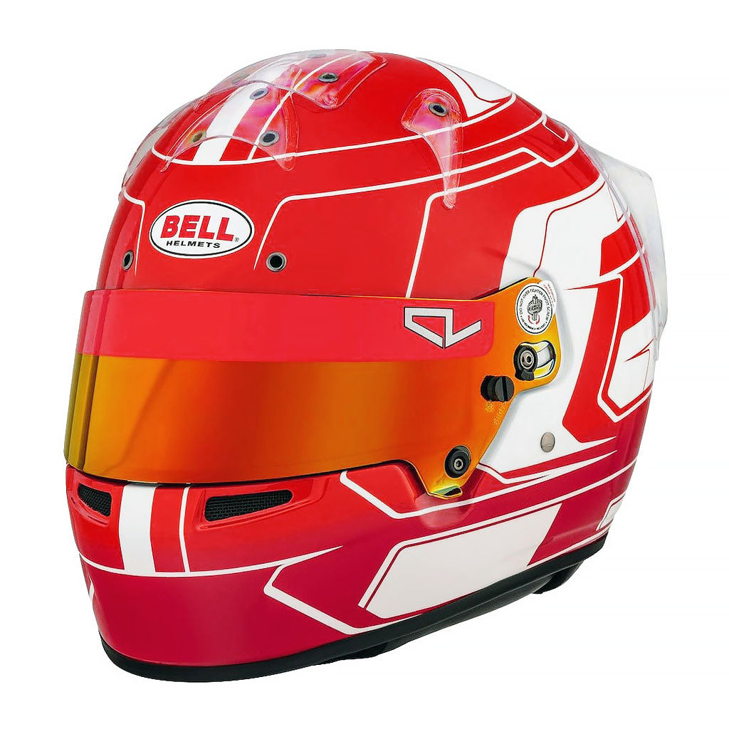 Red and white Charles Leclerc paint job on a Bell KC7 CMR kart racing helmet with iridium red visor on a white background
