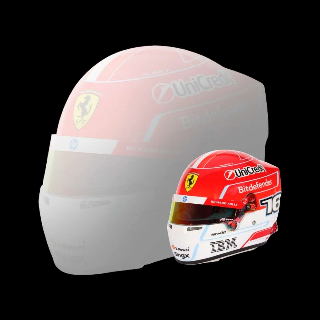 Charles Leclerc 2026 F1 mini helmet shown with larger faded helmet comparison on white background