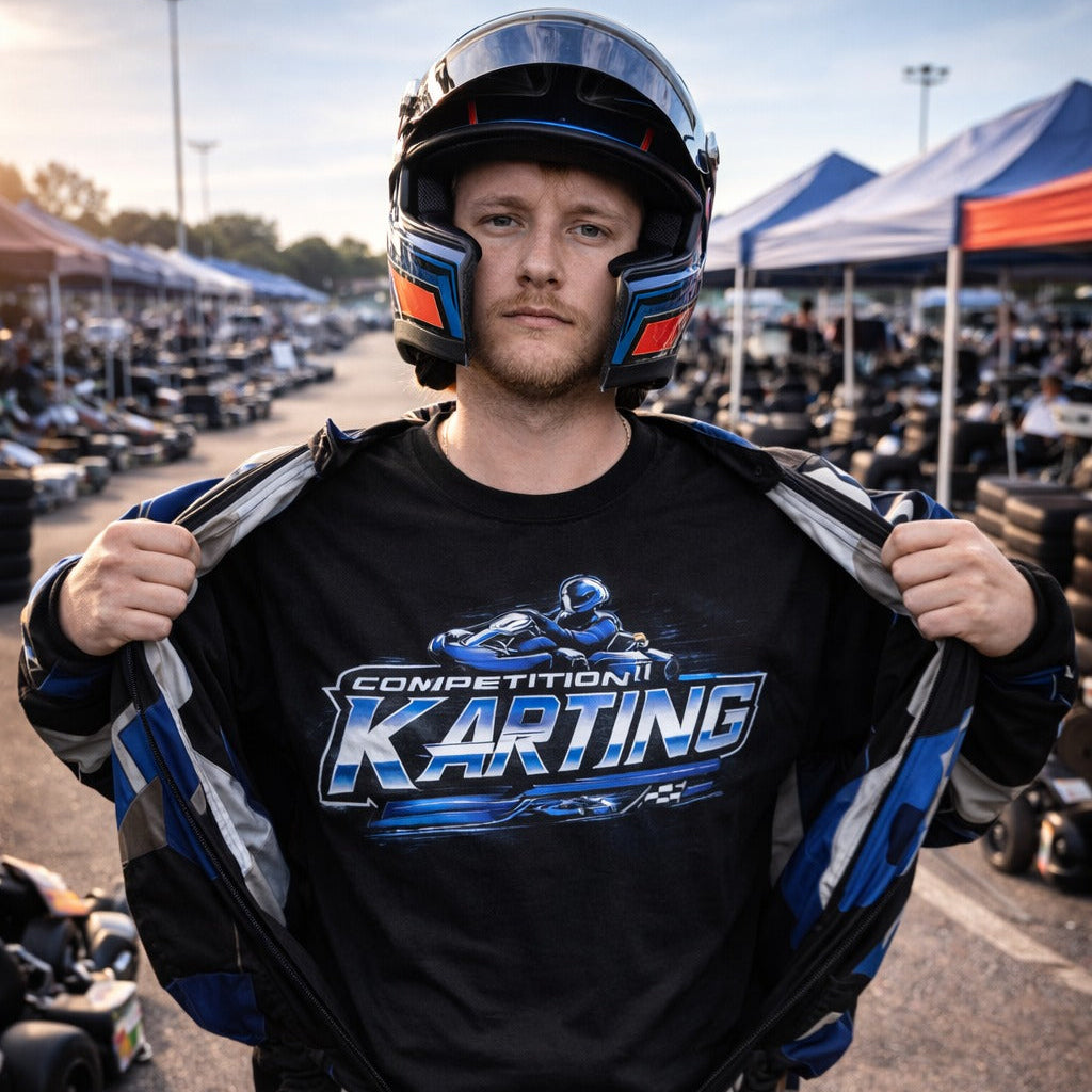 Competition Karting driver removing race suit revealing Competition Karting t-shirt in karting paddock at racetrack-image