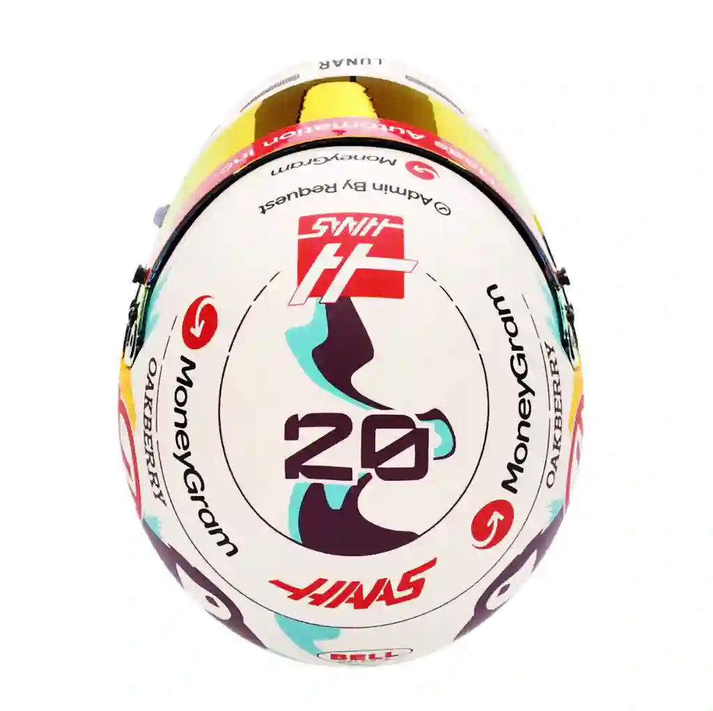 Kevin Magnussen Bell Mini Helmet with Haas F1 2024 graphics and sponsors