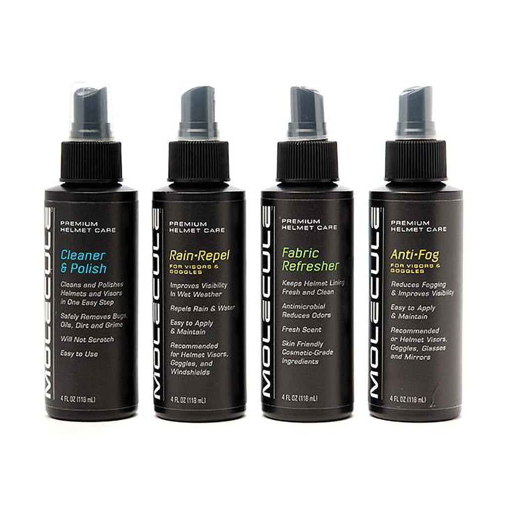 Four bottles of Molecule helmet care products on a white background
