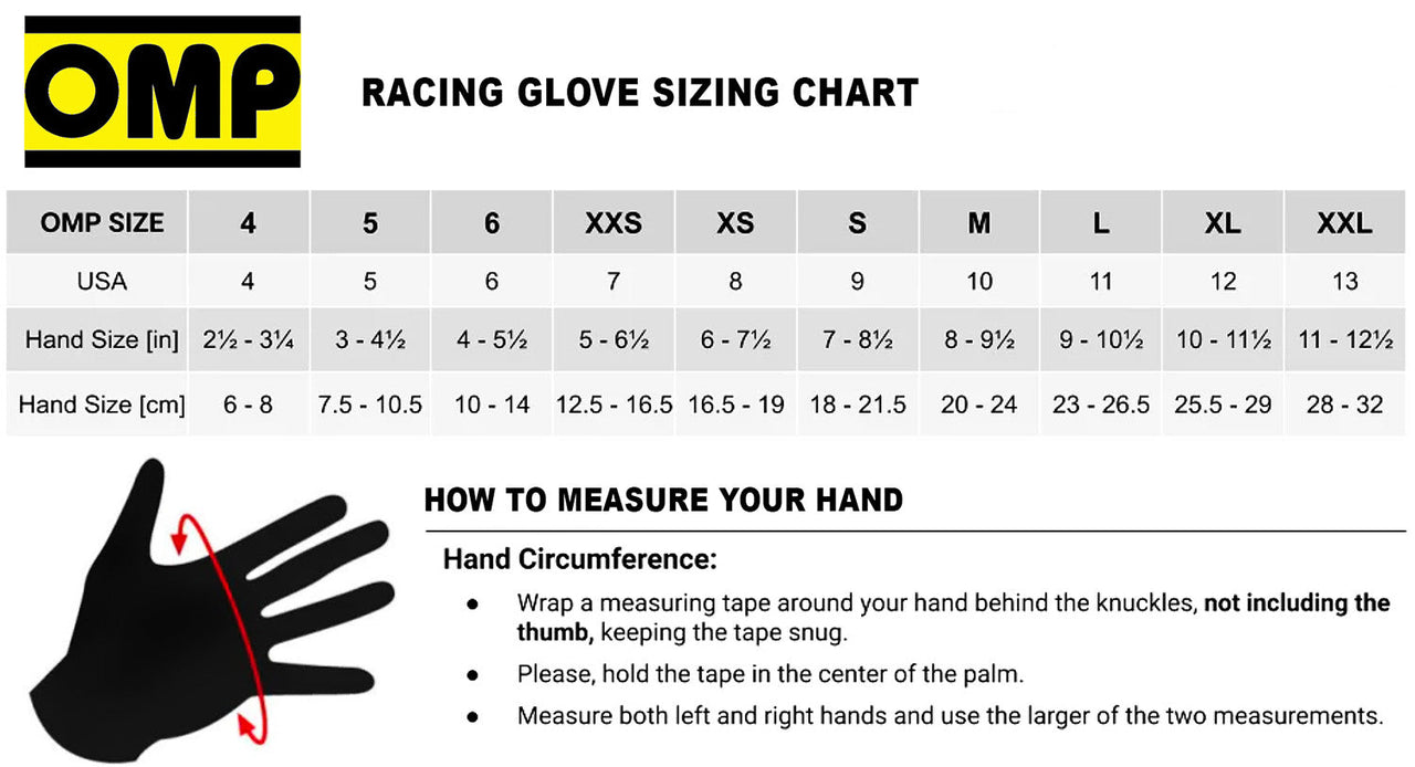 OMP karting gloves size chart – measurement guide for hand size and glove fit selection