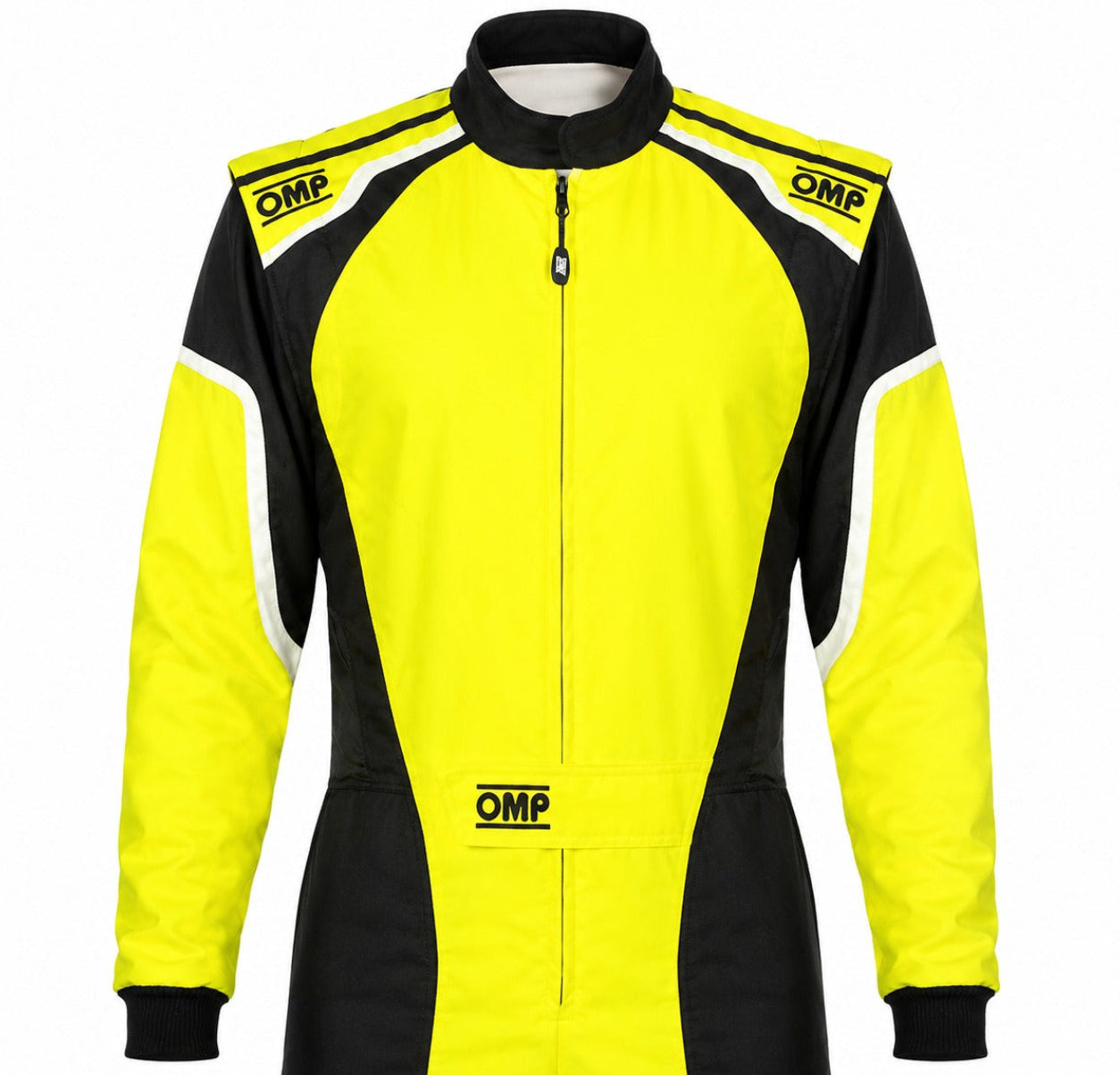 A high-performance racing jacket by OMP, featuring a bright neon yellow body with black side panels, black collar, and white piping details, shown against a plain white background.