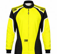 Thumbnail for A high-performance racing jacket by OMP, featuring a bright neon yellow body with black side panels, black collar, and white piping details, shown against a plain white background.