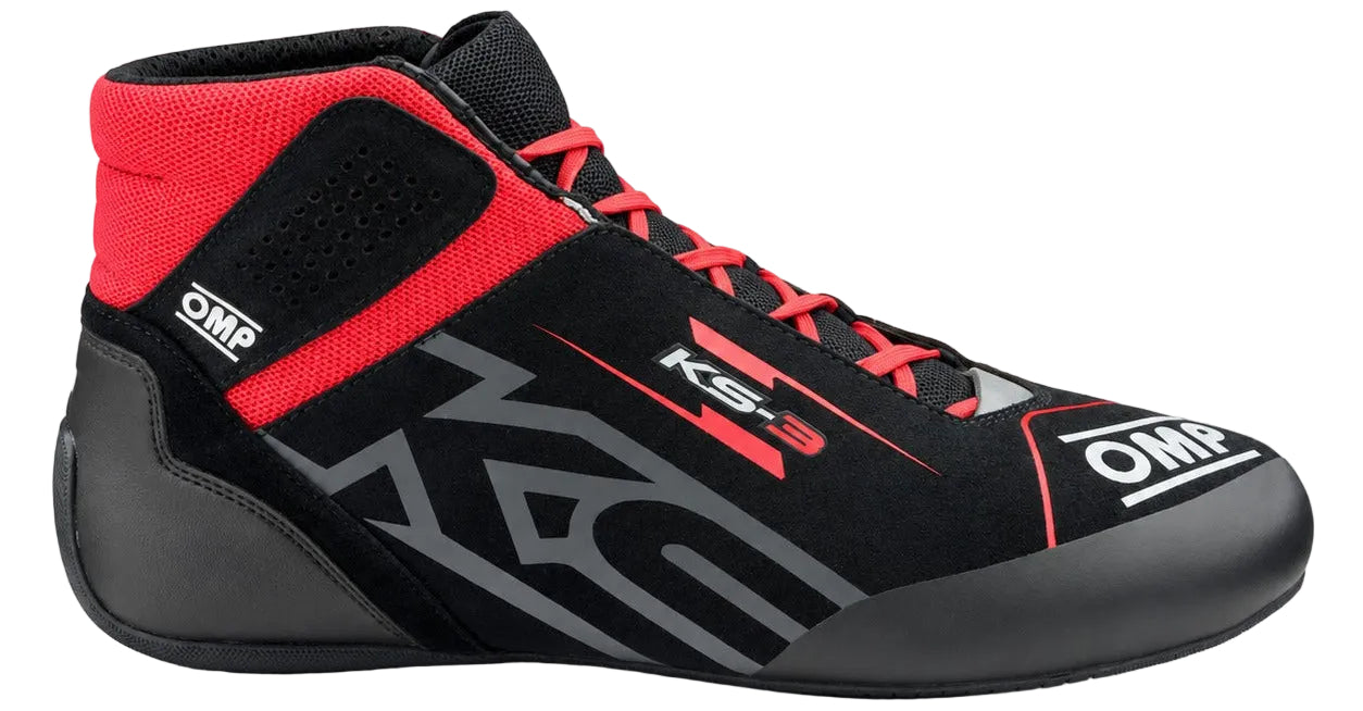 OMP KS-3 MY2026 kart racing shoe in black and red, shown in a straight right-facing side view on a white background.
