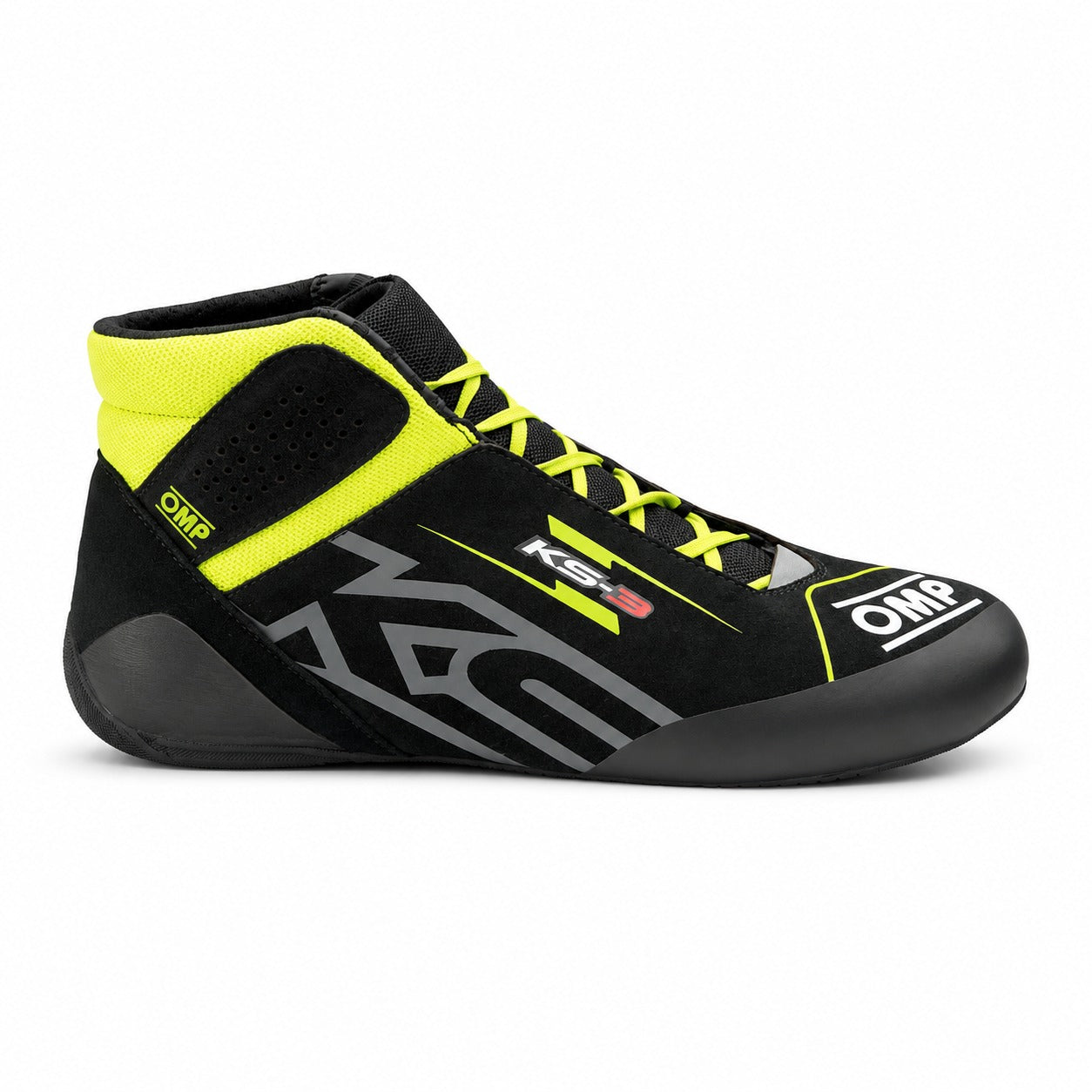 OMP KS-3 MY2026 kart racing shoe in black with fluorescent yellow accents, shown in a straight right-facing side view on a white background.