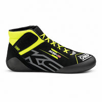Thumbnail for OMP KS-3 MY2026 kart racing shoe in black with fluorescent yellow accents, shown in a straight right-facing side view on a white background.