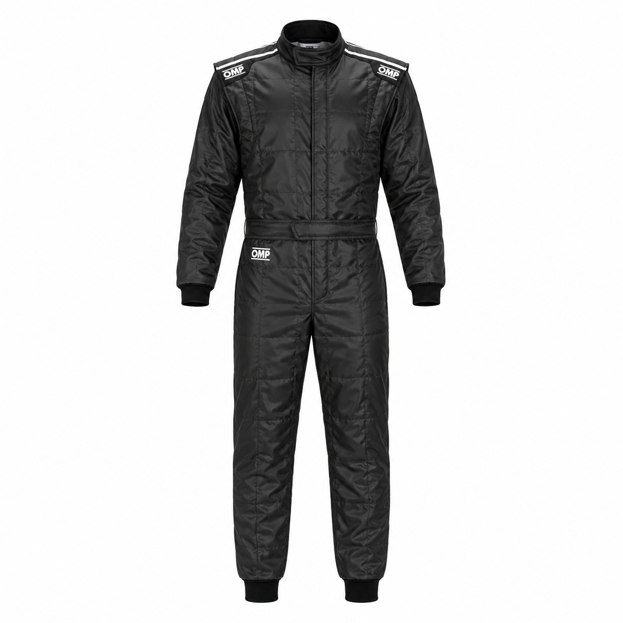 OMP KS-4 karting suit in black, front-facing full-length view