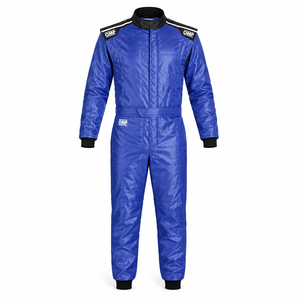 OMP KS-4 karting suit in blue, front-facing full-length view