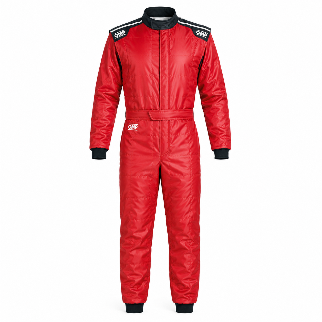 OMP KS-4 karting suit in red, front-facing full-length view 