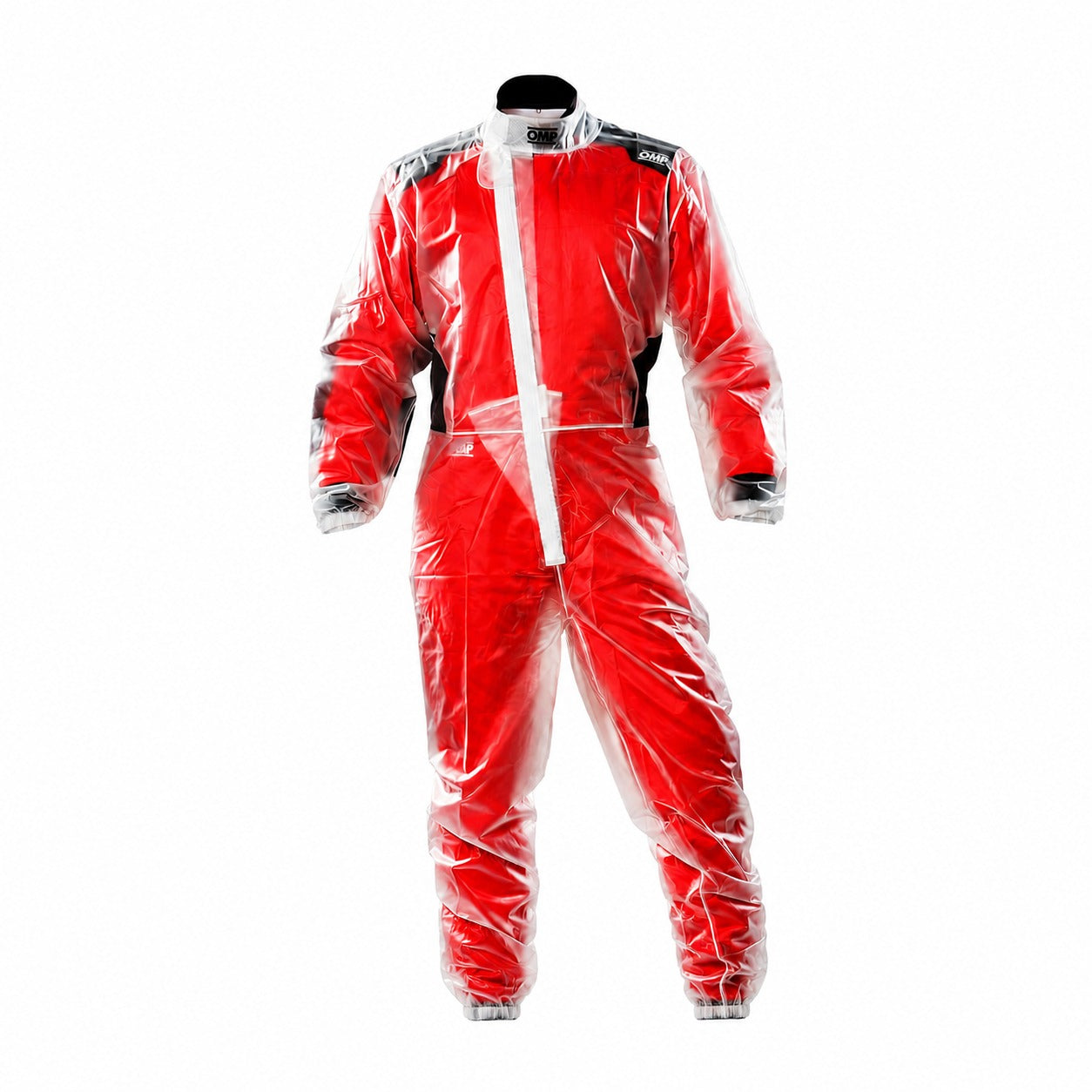 OMP Rain Overall clear waterproof karting suit over red racing suit on white background.