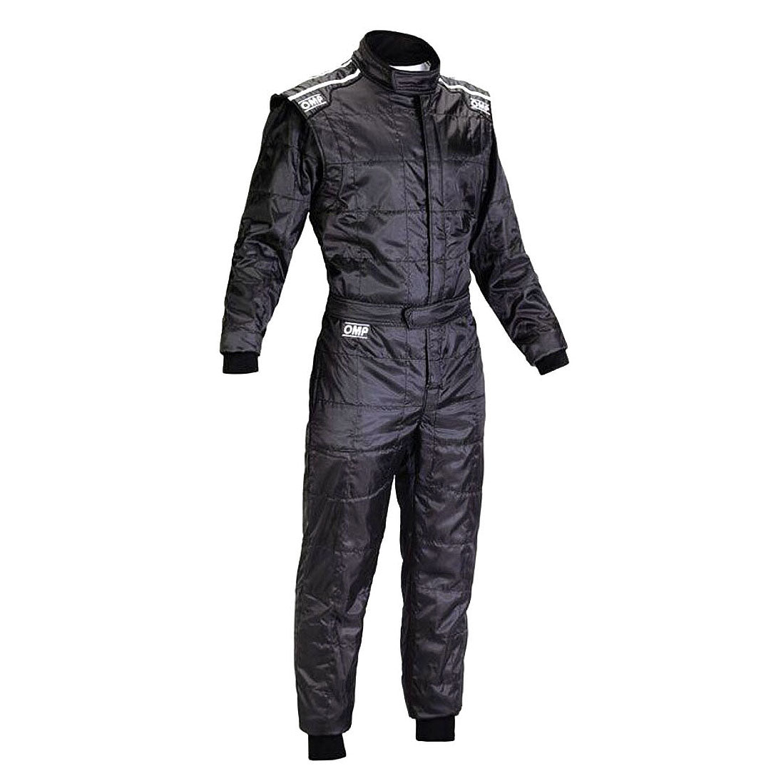 Black racing suit with white branding on a white background