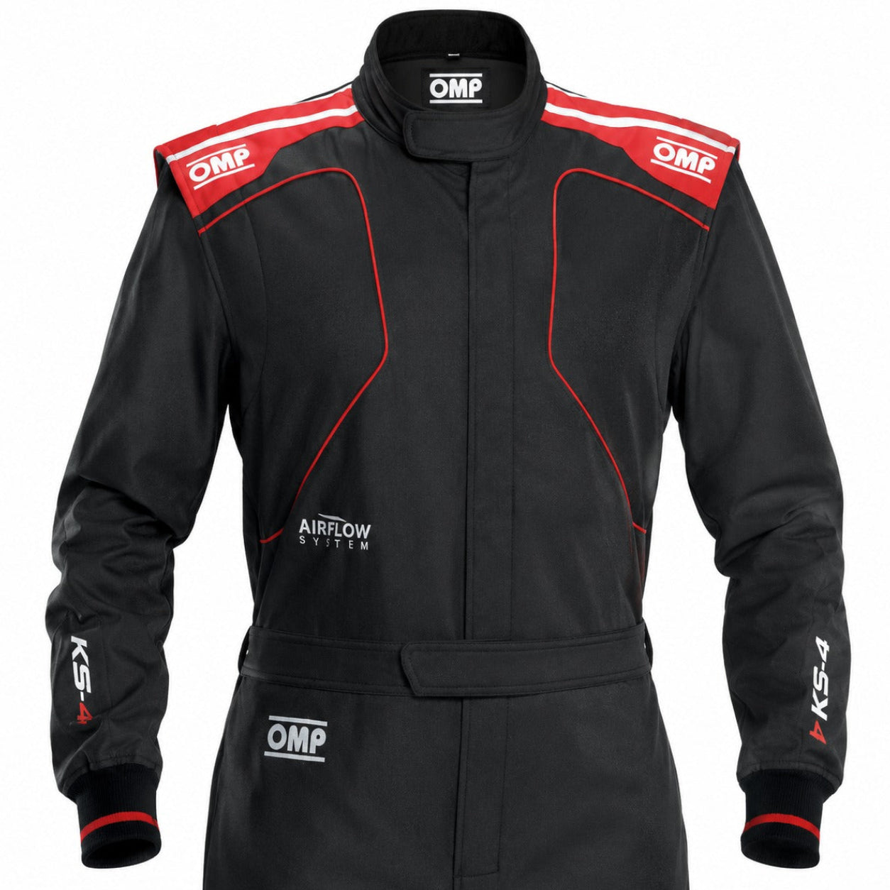 OMP KS-4 racing suit in black and red half front view
