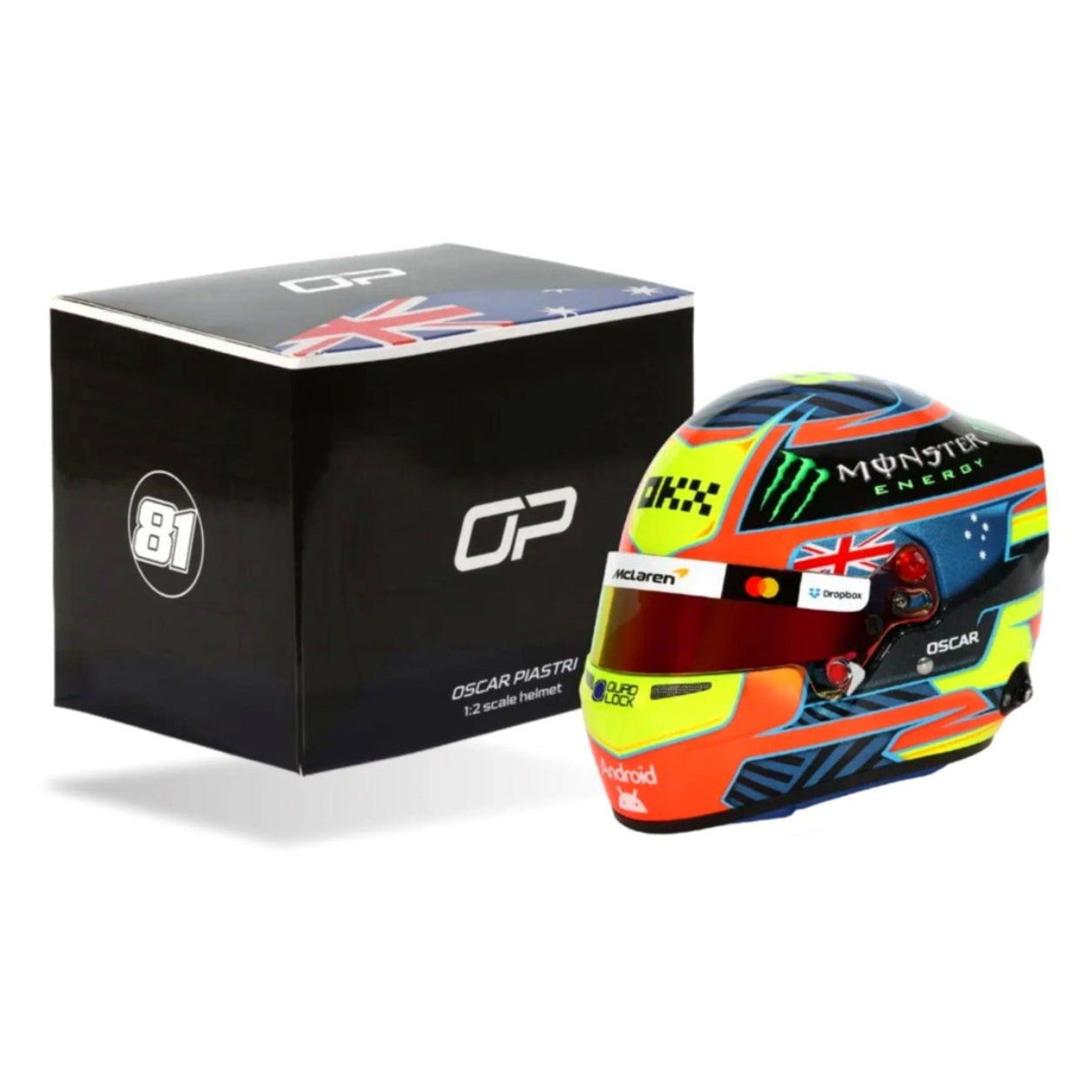 Oscar Piastri 2026 F1 mini helmet main angled view with red, blue, yellow, and orange 2026 design