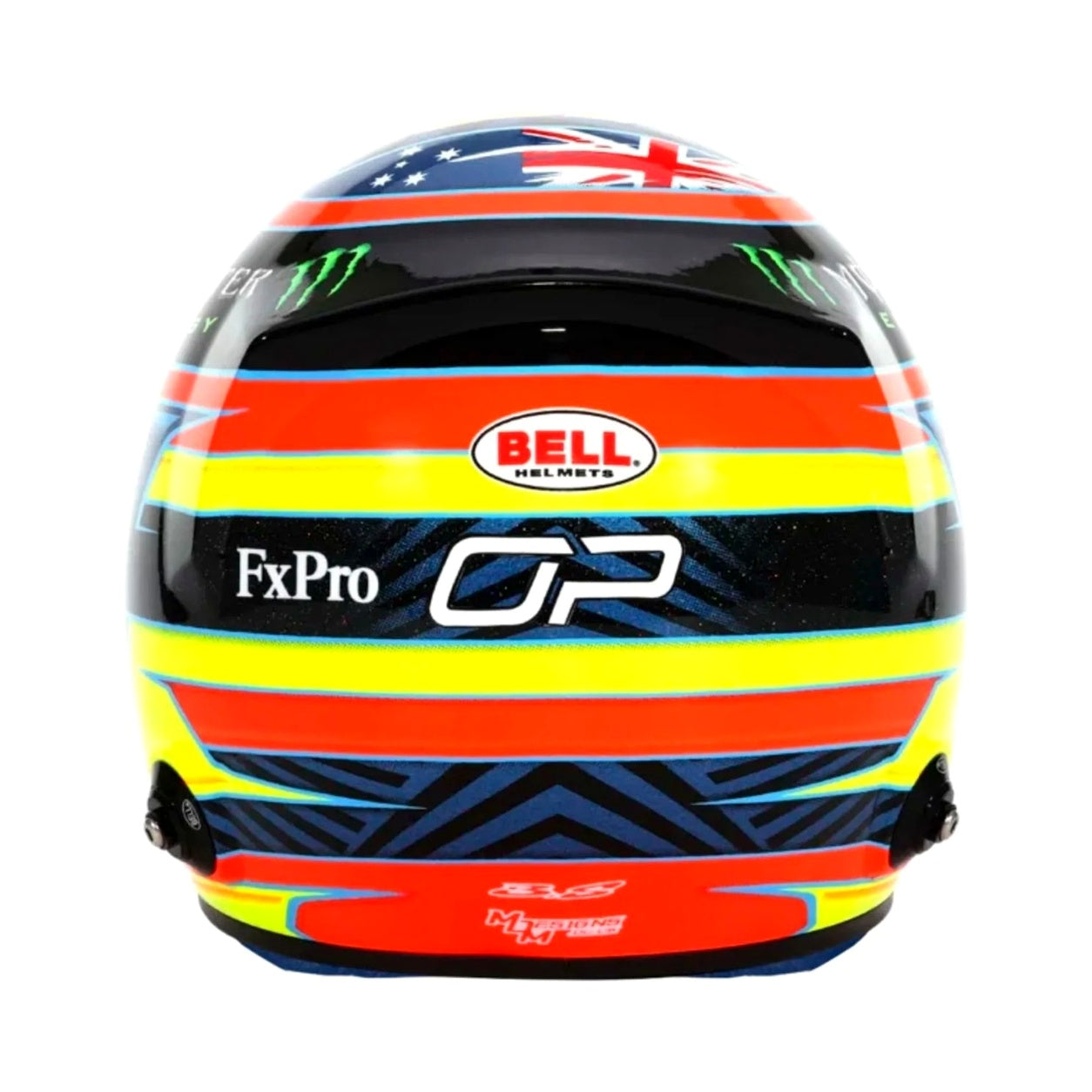 Oscar Piastri 2026 F1 mini helmet rear view with OP logo, Bell branding, and bold racing stripes