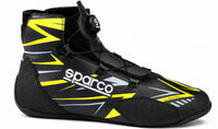 Thumbnail for Sparco K-Rapid kart racing shoe in navy and fluorescent yellow, shown in a straight right-facing side view on a white background.
