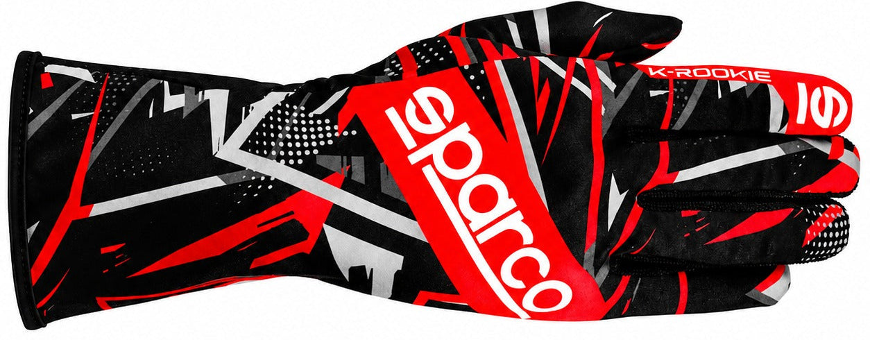 Sparco K-Rookie kart racing gloves in black and red facing right on a white background