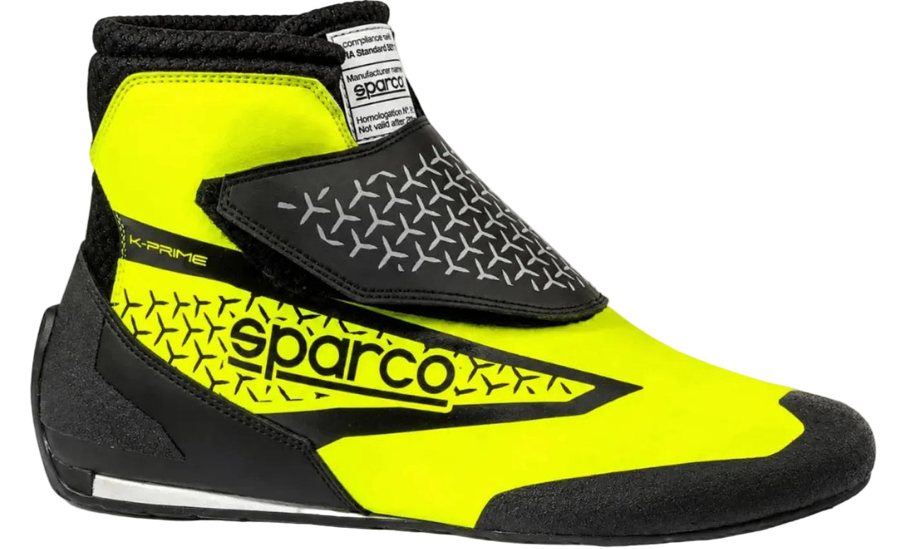 Sparco Prime-K kart racing shoe in fluorescent yellow and black, shown in a straight right-facing side view on a white background.