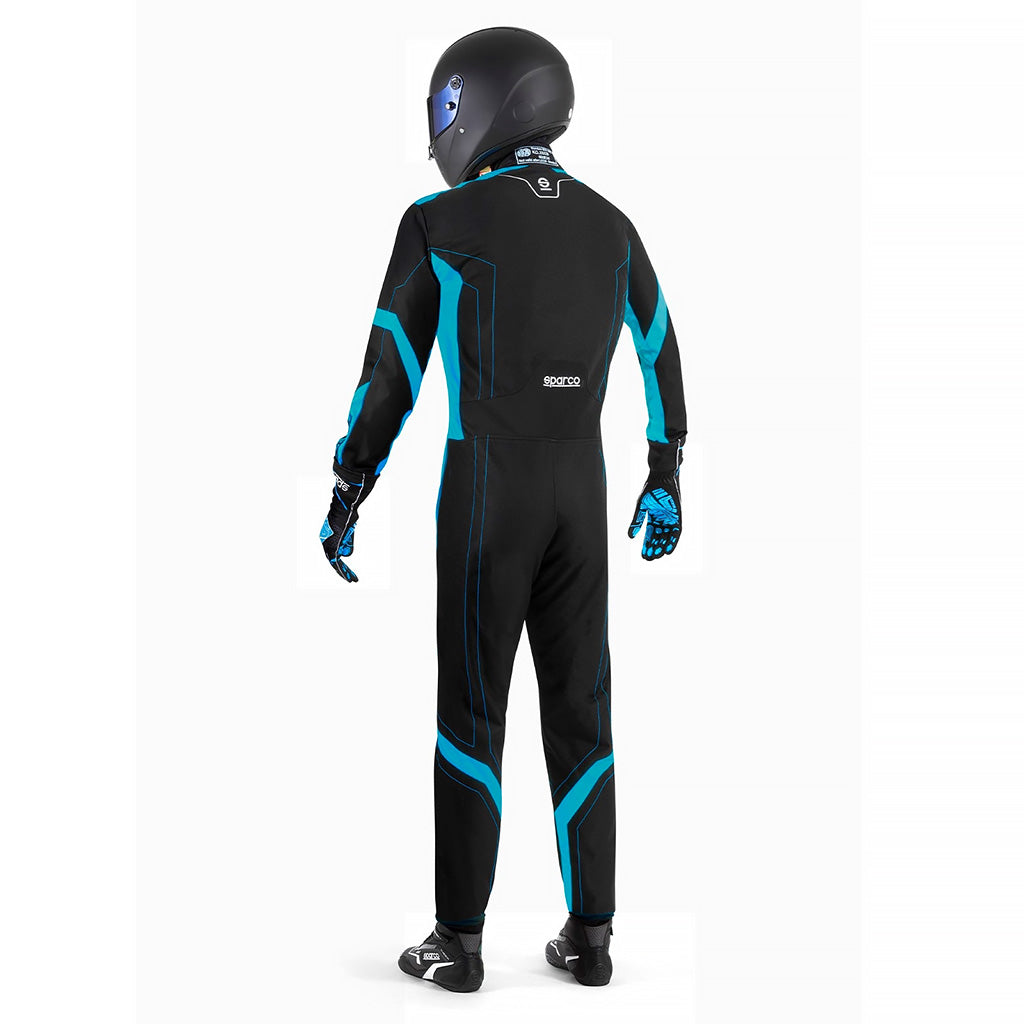 Sparco Thunder Advanced Kart Suit Black and blue racing suit with helmet on a white background