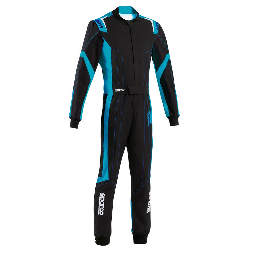 Black and blue Sparco Thunder Advanced karting suit on a white background