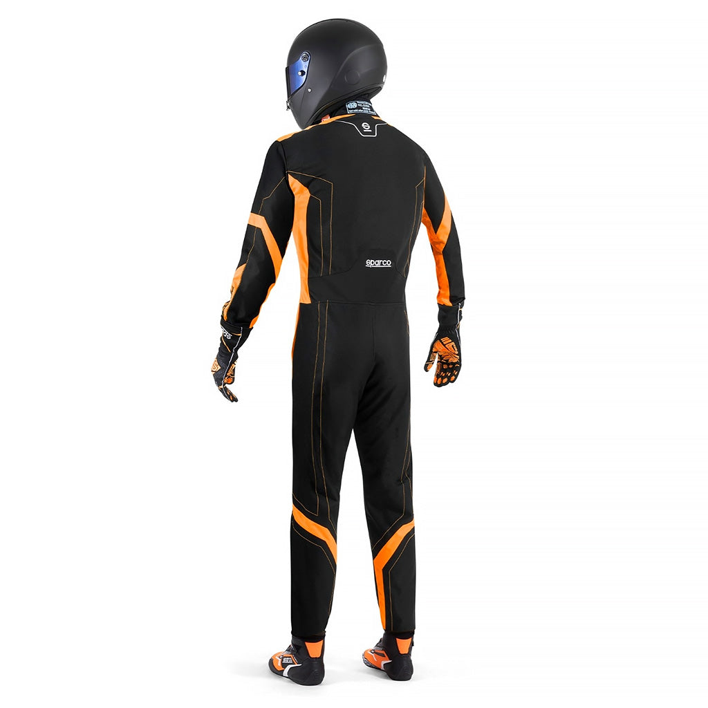 Sparco Thunder Advanced Kart Suit Black and orange racing suit with helmet on a white background