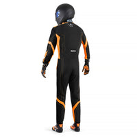 Thumbnail for Sparco Thunder Advanced Kart Suit Black and orange racing suit with helmet on a white background