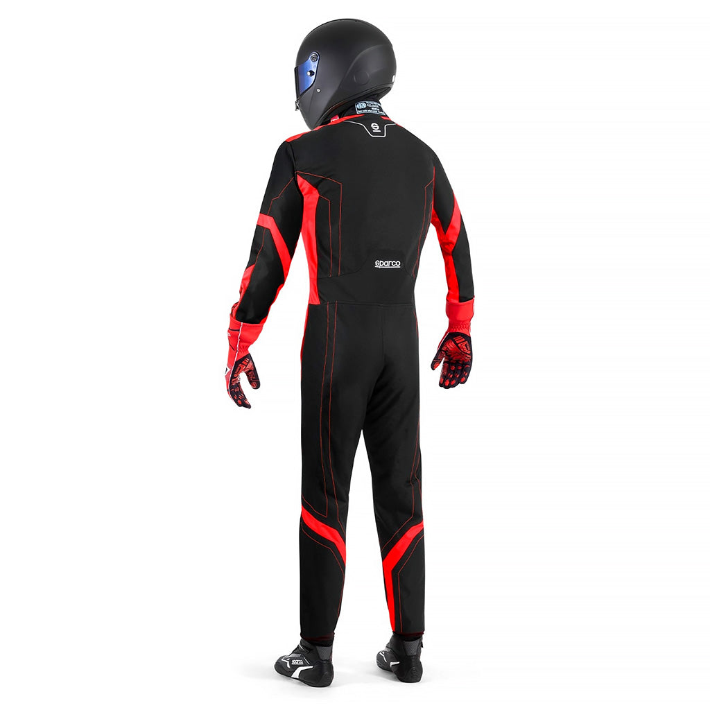 Sparco Thunder Advanced Kart Suit Black and red racing suit with helmet on a white background