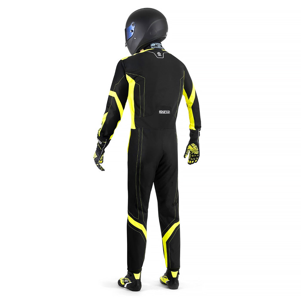 Sparco Thunder Advanced Kart Suit Black and yellow racing suit with helmet on a white background