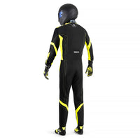 Thumbnail for Sparco Thunder Advanced Kart Suit Black and yellow racing suit with helmet on a white background
