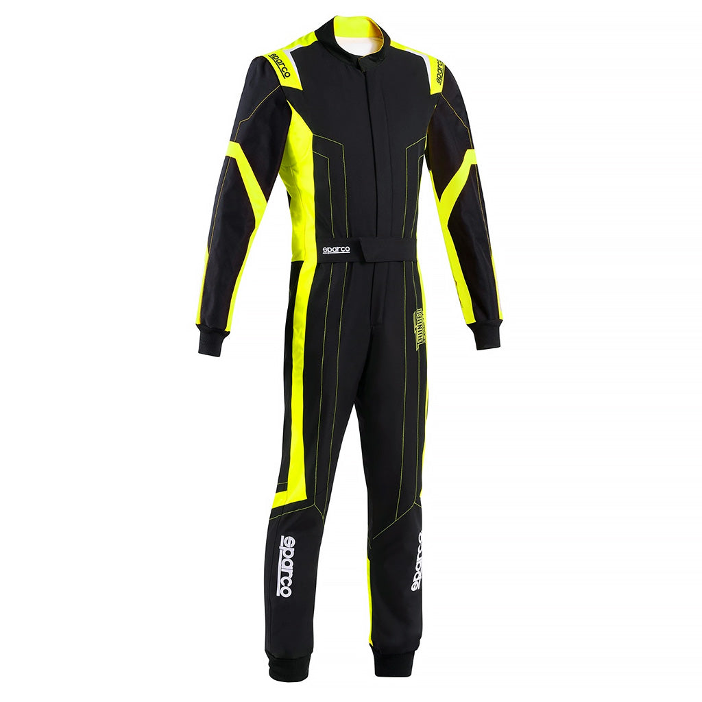 Black and yellow Sparco Thunder Advanced karting suit on a white background