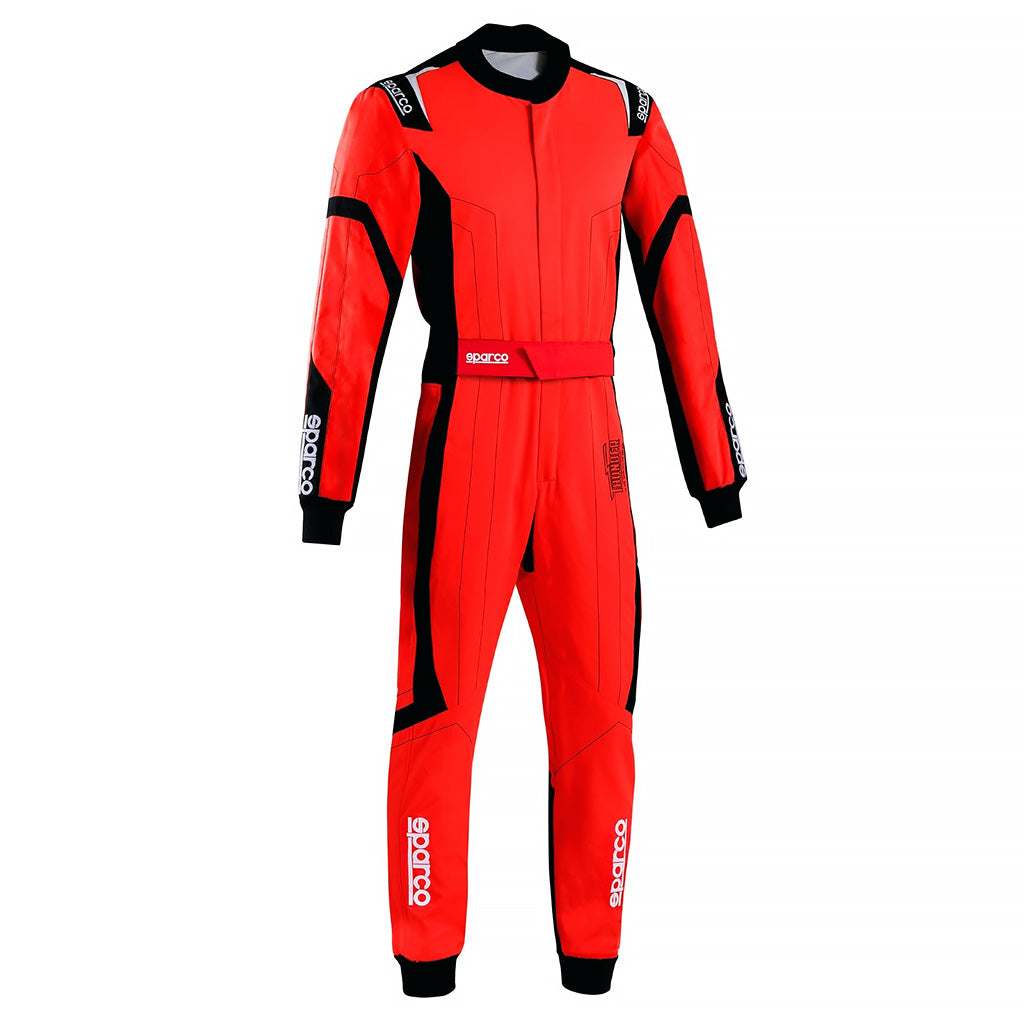 Red and black Sparco Thunder Advanced karting suit on a white background