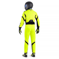 Thumbnail for Sparco Thunder Advanced Kart Suit Person wearing a bright yellow racing suit with black accents on a white background