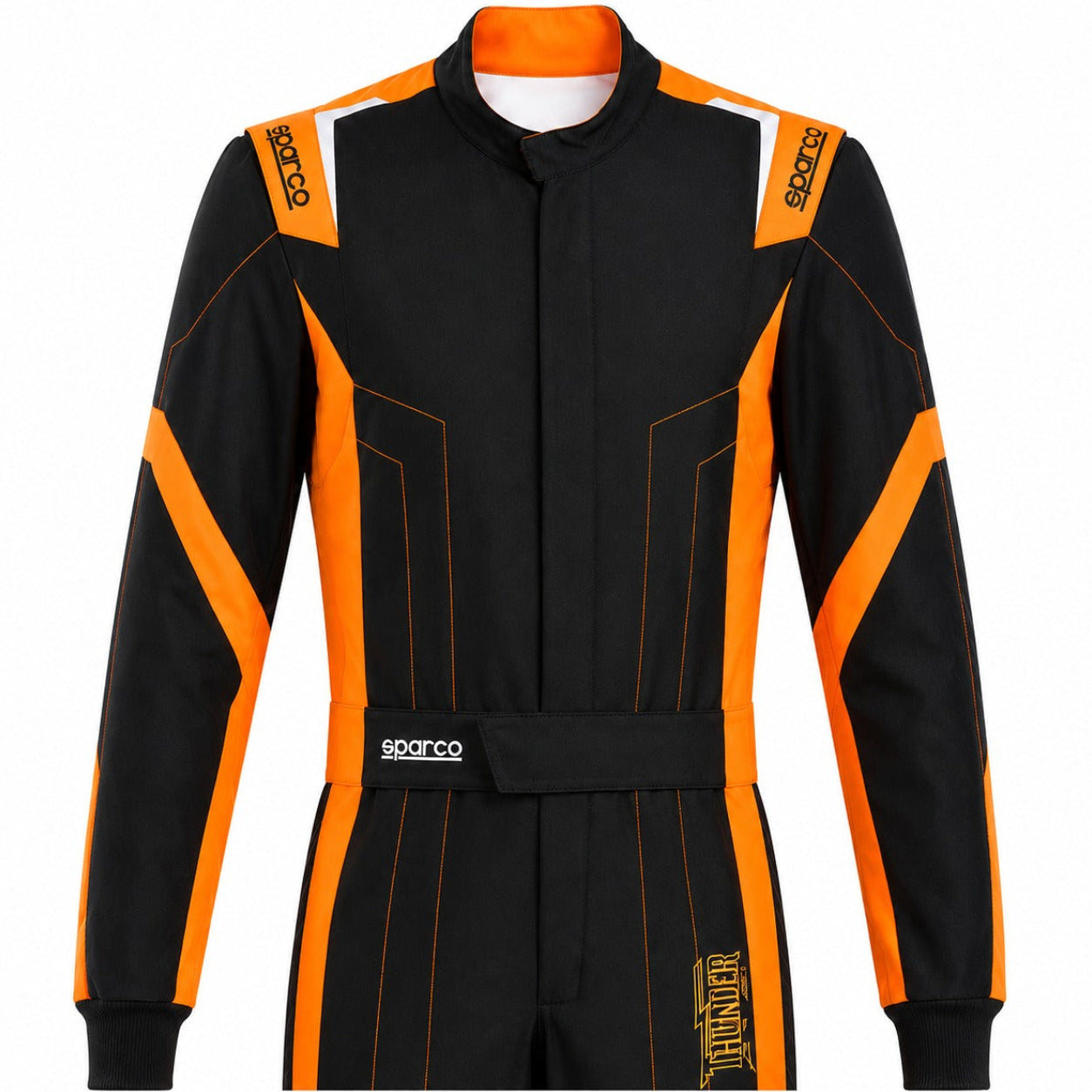 parco Thunder Advanced Kart Racing Suit in black and orange half front view
