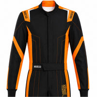 Thumbnail for parco Thunder Advanced Kart Racing Suit in black and orange half front view